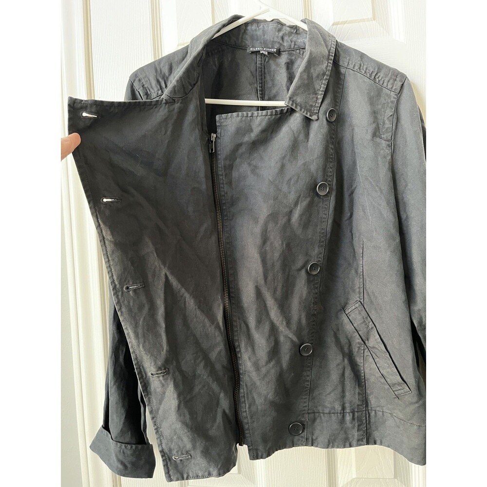 Eileen Fisher Moto Blazer Asymmetrical Jacket Pockets Zip Black Casual Chic Sz L - Picture 3 of 11